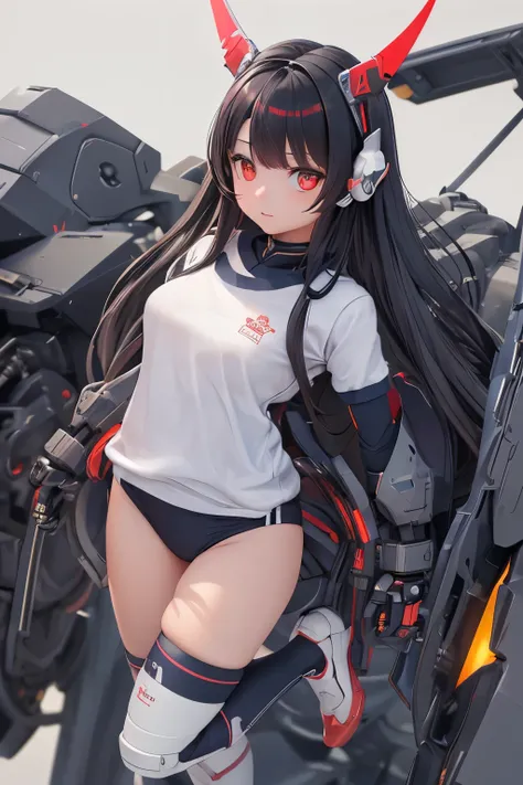 (highest quality)), ((masterpiece)), (very detailed: 1.3), 3D, {(1 young girl)}, (wear navy buruma and white gym uniform with colored hem under armor:1.3), (black hair:1.5), (She is fused with futuristic Gundam mecha:1.2), with headgear, with v-fin , armor...