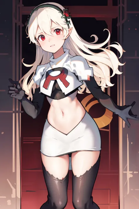 masterpiece, best quality, respCorrin, hair ornament, rose, team rocket,team rocket uniform, red letter R, white skirt,white crop top,black thigh-highs,black elbow gloves