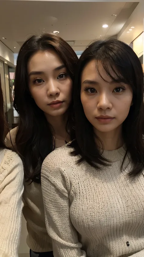 30 years old hong kong woman in meeting with another 2 ladies, slim face, knit jumper long sleeves, hyper realistic, realistic skin tone, realistic skin texture, symmetric face, half body