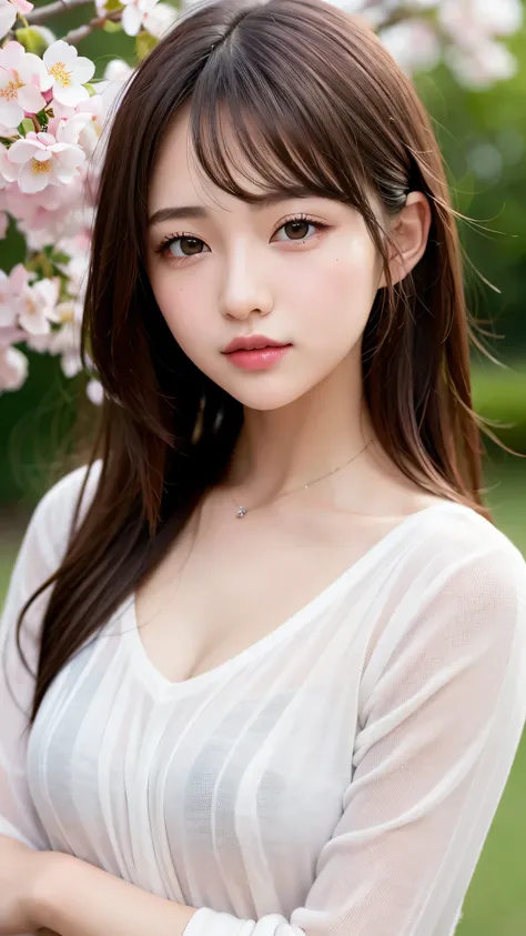 (1young girl), cute face, kawaii, Brown hair, instagram beautiful girl photos, (Best Quality:1.3), (Ultra-detailed), (extremely detailed CG unified 8k wallpaper), Highly detailed, High-definition raw color photos, Professional Photography, cherry blossom, ...