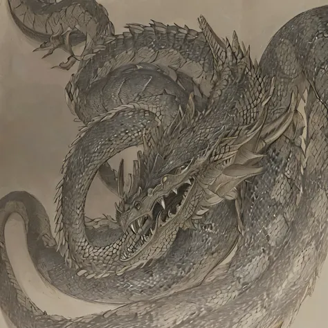 Foto de alta qualidade en presenta un estilo de dibujo realista de grafiti, con un serpiente dragón sufriendo la penetración de una espada gigante.

(High-quality photo featuring a realistic graphite drawing style, with a serpent dragon being pierced by a ...