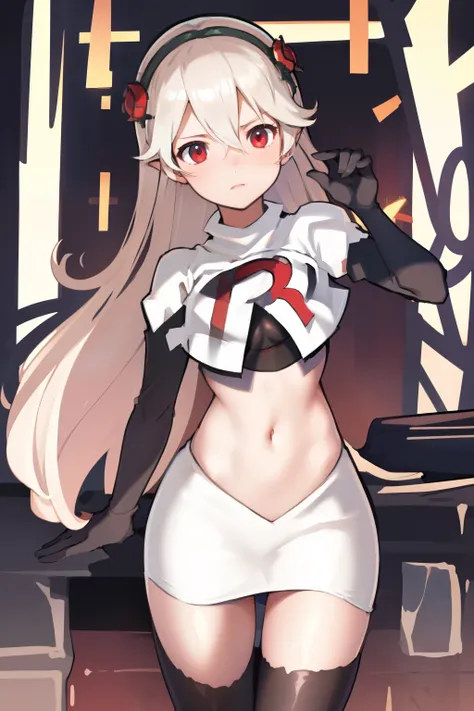 masterpiece, best quality, respCorrin, hair ornament, rose, team rocket,team rocket uniform, red letter R, white skirt,white crop top,black thigh-highs,black elbow gloves