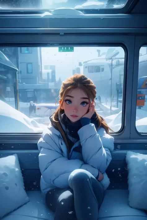 train,  sitting near window,  underwater pose, Look into your eyes, head glued to glass, Snowy landscape passing by at high speed, overnight trip, Beautiful starry sky, Beautiful girl, UHD Portrait, (high quality) (ultra detail) Observation of viewers wear...