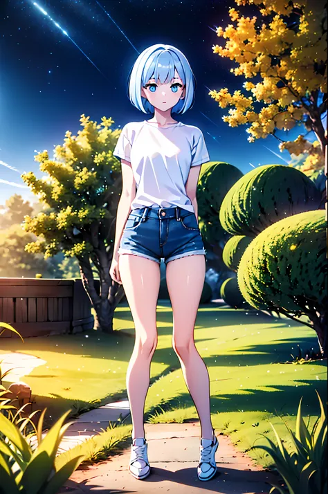 outdoors, snow forest, night sky, absurdres, high quality, highres, 1girl, solo, super pale skin, life-size-body, young, thin, skinny, light blue hair, bangs, bob cut, plain white t-shirt, blue denim short, all-white shoes, ROSA20