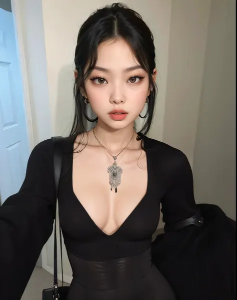 jennie arafed com cabelo preto longo e um vestido preto, pale goth beauty, com cabelo preto liso, cabelo preto longo brilhante, ...