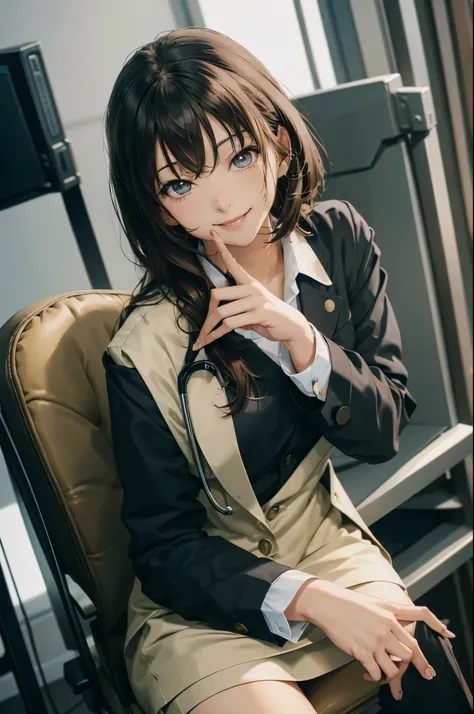 An anime girl good caring doctor sitting on his office examination room, wide smiling at you, looking at you, formal wear, stethoscope, sunny day, (five fingers, hand pose, beautiful hands, palm of your hand facing you)