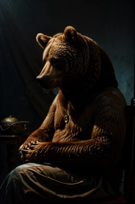 masterpiece, intricate detail, a close up of (a big brown bear: 1,9), in a atmospheric portrait, (sitting underwater on a chair ...