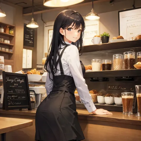 cafe clerk　tight skirt　1 woman in her 30s　cafe at night　smile gently　black hair medium long