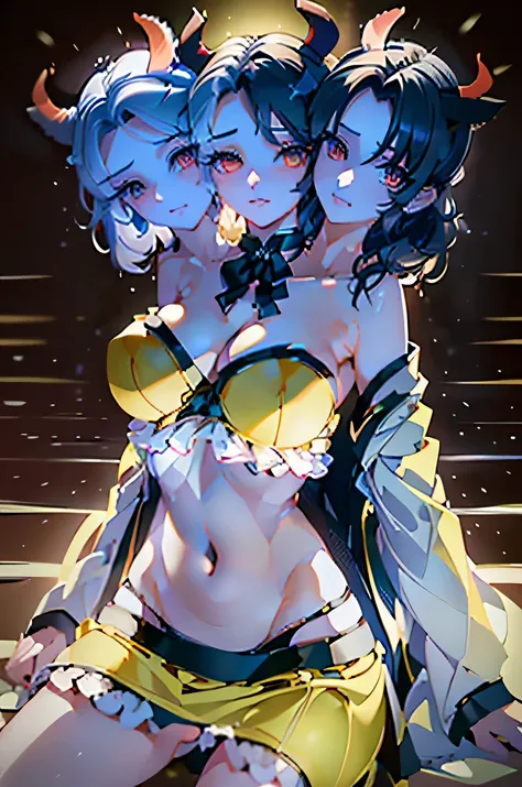 masterpiece, best quality),best quality, (ultra-detailed), (3heads:1.5), 1girl, (ushizaki urumi:1.3), masterpiece, best quality, white top, crop top, ((stomach)), midriff, ((groin)), yellow skirt, normal ears, shackles, black hair, very long hair, wavy hai...