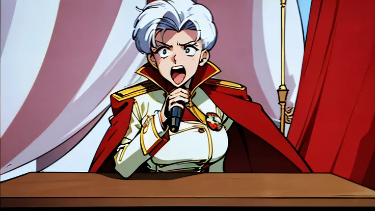 a woman wearing a white military overcoat, wearing a red cape with gold accessories, slamming a table while shouting angrily, with white hair, (speaking into a microphone on a wooden table), woman president, red and white flag behind the woman, anime style...