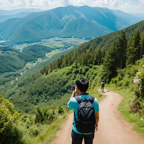 for a man taking a photo at the top of a mountain