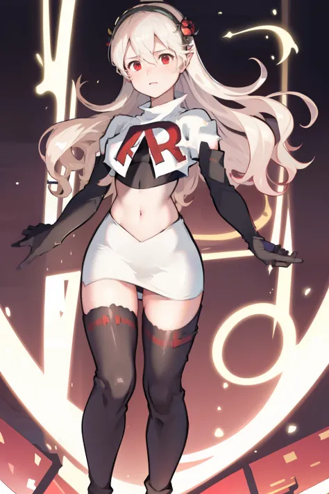 masterpiece, best quality, respCorrin, hair ornament, rose, team rocket,team rocket uniform, red letter R, white skirt,white crop top,black thigh-highs,black elbow gloves