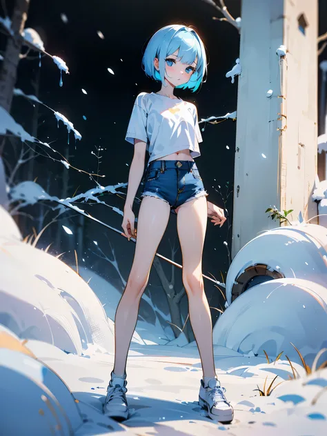 outdoors, snow forest, full_body, absurdres, high quality, highres, 1girl, solo, super pale skin, life-size-body, young, thin, skinny, light blue hair, bangs, bobcut, plain white t-shirt, blue denim short, all-white shoes, ROSA20