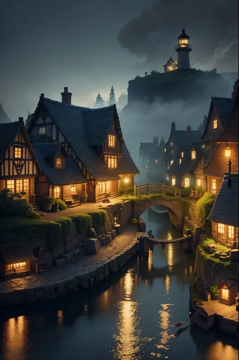 ais-olde, A whimsical scene of a ais-olde fairy village at night, with tiny habor, fishing boats, a lighthouse, houses, bridges, and gardens all intricately detailed to look ais-olde, smoke from chimneys, buildings with ethereal lights dark, atmospheric, d...