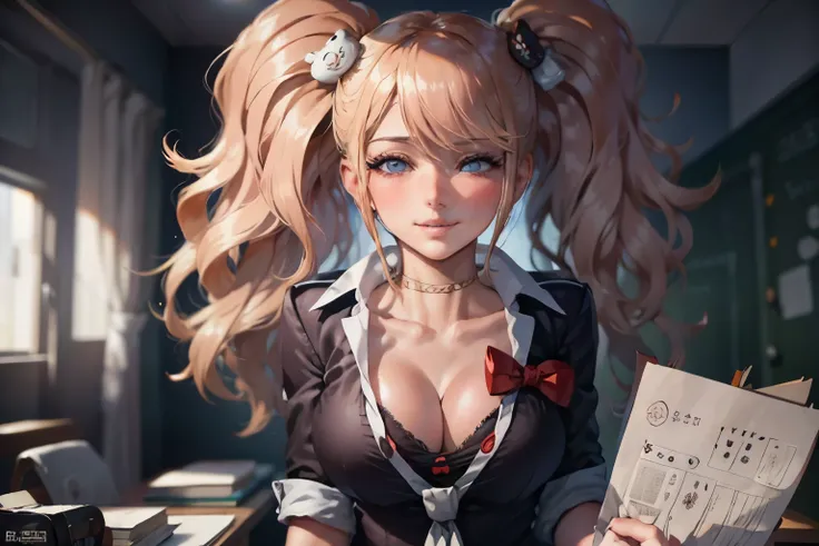 ((masutepiece)),((Best Quality)),absurderes,
1girl in, At the desk, (Studying:1.3), White School Uniform,
(crass room:1.1), Sunlight, 
 (Half-closed eyes:0.4), (Parted lips:1.4), (blush:1.2), lightsmile, Big breasts, cleavage, fake breasts