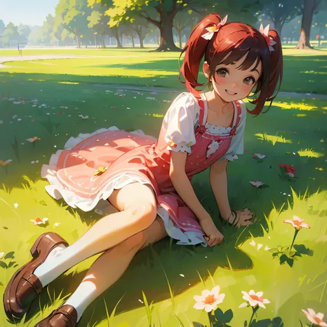 (photorealistic:1.37)、octane rendering、Morning park、Strawberry dress、Girl has twin tail hairstyle and smiles、strawberries fall from the sky、Bright colors、soft sunlight、beautiful flower、green grass、playful atmosphere、peaceful environment、detailed texture、Br...