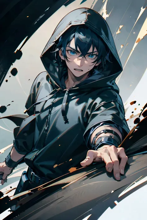 (extremely detailed 8k wallpaper), a medium shot of a fearful rogue, male, male focus, black hair, blue eyes, black clothing, hooded, medieval, intricate, high detail
