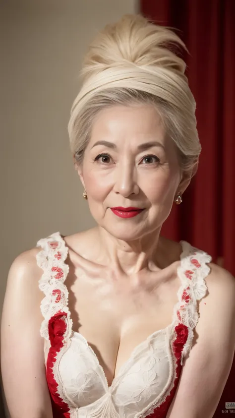 Remove the background, gravure, describe the lips correctly, red lipstick, from the chest up, elderly AV actress, highest quality, super detailed, realistic, super dense skin, perfect anatomy, (1 Japanese mature woman), (Erotic), 100 years old, big breasts...