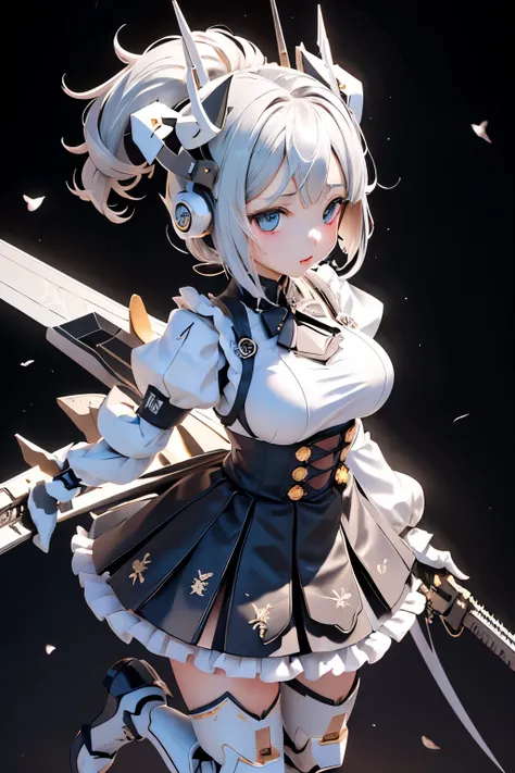 (highest quality)), ((masterpiece)), (very detailed: 1.3), 3D, {(young girl)}, wear gothic lolita clothes with white frills, (She is fused with futuristic Gundam mecha), with headgear, with v-fin , armored shoulders,armored under arms, armored under legs, ...