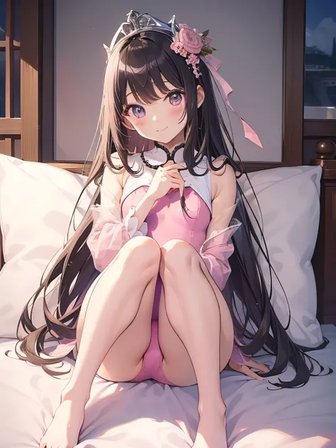 highest quality、very delicate and beautiful、I、I、8-year-old 、Japanese、、Chiquita、Noble、primary school student、black hair、barefoot、(((Pink leotard)))、（High leg）、Tiara on the head、lazy smile、The background is a hotel bed、sitting、M-shaped legs