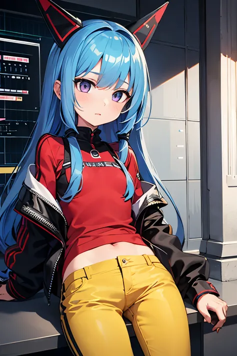 Masterpiece, best quality, 1girl, blue hair, violet eye, red clothes, yellow pants,ncity, modern, cyber