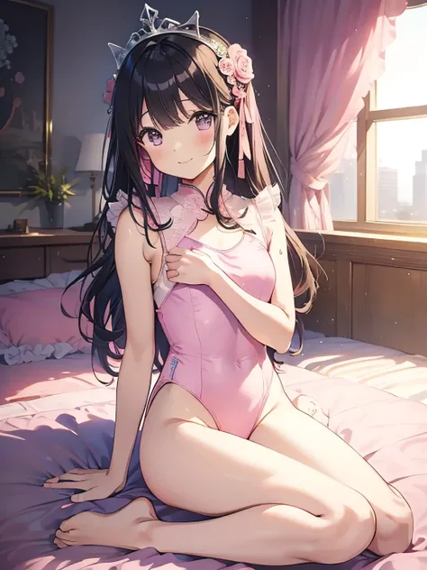 highest quality、very delicate and beautiful、I、I、8-year-old 、Japanese、、Chiquita、Noble、primary school student、black hair、barefoot、(((Pink leotard)))、（High leg）、Tiara on the head、lazy smile、The background is a hotel bed、sitting、M-shaped legs