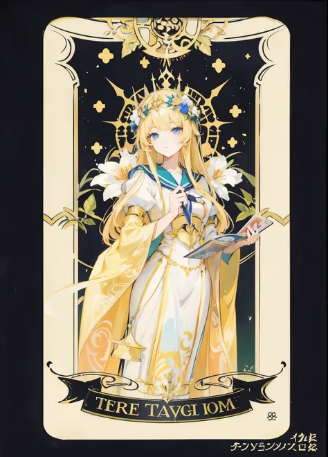 a close up of a tarot cards card with a woman holding a flower, high detail + tarot cards card, [ tarot cards card ]!!!!!, anime art nouveau, tarot cards card the empress, tarot cards card design, the sailor galaxia. beautiful, tarot cards design, the empr...