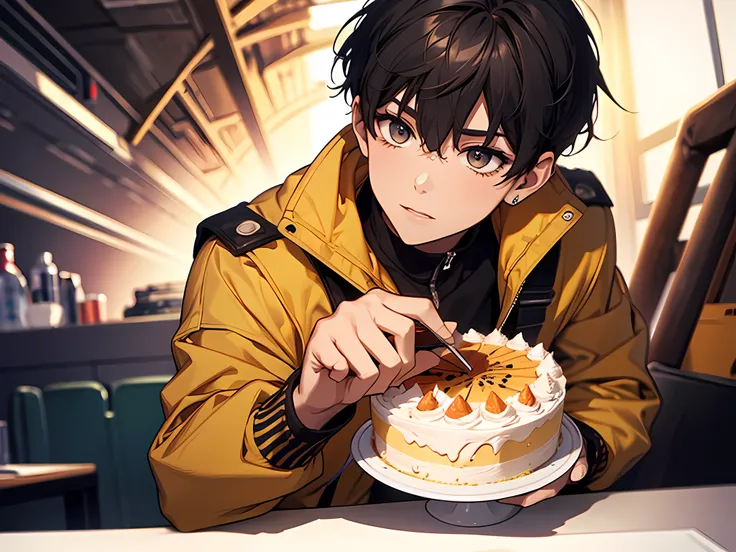 1 man, wearing white and yellow jacket, holding a birthday cake, black hair, short hair, face to detail, detailed eyes, the back...