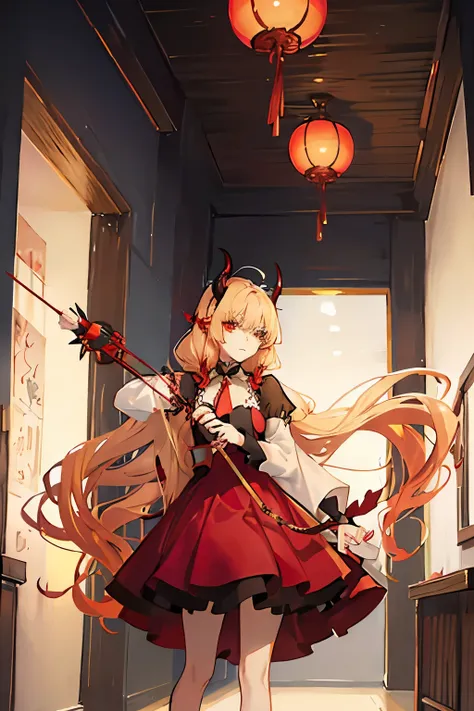 One was wearing a red dress、Cartoon illustration of woman holding sword, Demon anime girl, A destiny anime style/overnight with, sick. High, Grayscale photo of red dress, Succubus in tight skirt, Mika Kurai Devil, Blonde long hair anime girl, Makeup Gremor...