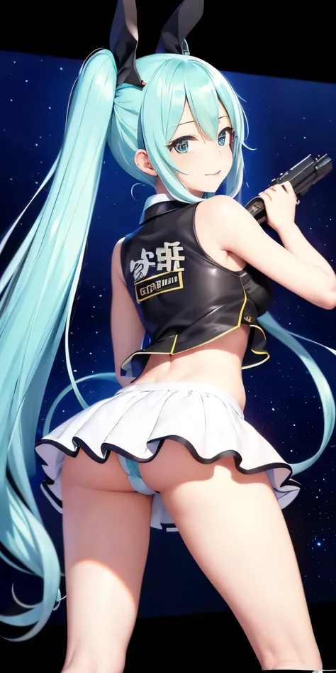 Hatsune Miku、Anime girl with long hair and a gun in her hand,Shimashima Pantiesがよく見える、show white panties,Hatsune Miku、Squatting、spread legs、show panties,super mini skirt、緑と白のShimashima Panties、From miniskirt to c Kantai Collection style,Shimashima Panties、...