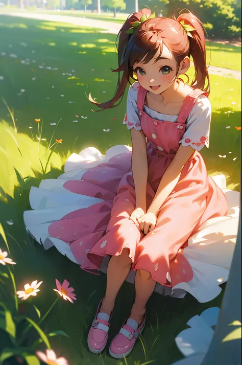 (photorealistic:1.37)、octane rendering、Morning park、Strawberry dress、Girl has twin tail hairstyle and smiles、strawberries fall from the sky、Bright colors、soft sunlight、beautiful flower、green grass、playful atmosphere、peaceful environment、detailed texture、Br...