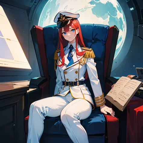 ((Masterpiece)), ((Highest Quality)), ((Best Quality)), (Illustration of One Girl), Full Body, 25 Years Old, Long Red Hair, (Thin Hair on Both Sides of the Face), Blue Eyes, (Tall)), ((Muscular Strong Body)), (Manspreading)), Open Legs, (((Military Uniform...