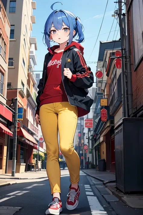 Masterpiece, best quality, 1girl, blue hair, violet eye, red clothes, yellow pants, city, modern, cyber, full body