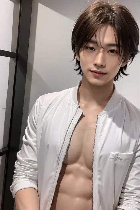 Top quality, 8k, ultra high res, one handsome Japanese male idol, 25 years old, jacket, no tie, 35mm lens, f/1, (white background: 1.3), lounge, frontal face, he is smile, standing, clean shaven, slender face, cool face,