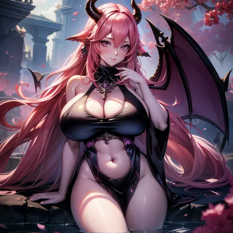 A female demon milf with black demon horn with wet dress, transparent dress getting wet, visible belly button, visible belly, ((demon horn)), extremely long pink rapunzel hair, ((Rapunzel pink hair)), white eyes of the devil., ((white eyes)), voluminous bo...