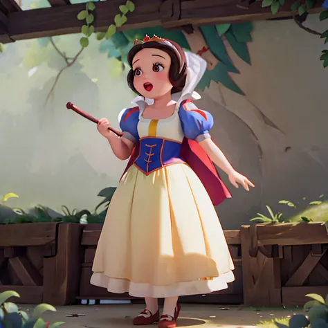 princesa branca de neve com o corpo gordo, branca de neve enorme, branca de neve vendo filme de terror, e esta com medo