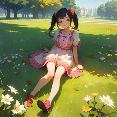 (photorealistic:1.37)、octane rendering、Morning park、Strawberry dress、Girl has twin tail hairstyle and smiles、strawberries fall from the sky、Bright colors、soft sunlight、beautiful flower、green grass、playful atmosphere、peaceful environment、detailed texture、Br...