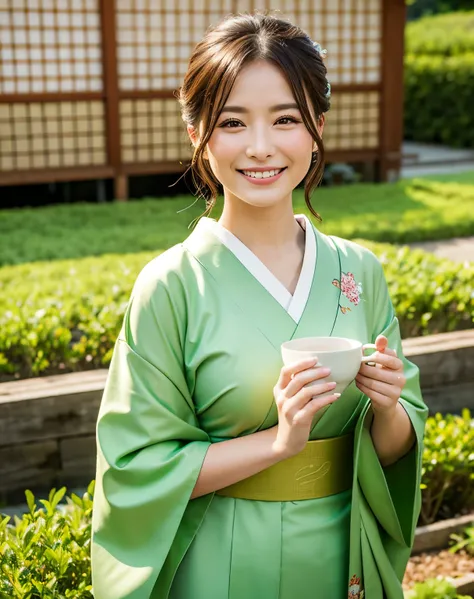 green color kimono dress, Japanese tea ceremony, holding Japanese tea, upper body, tea farm background, happy smile