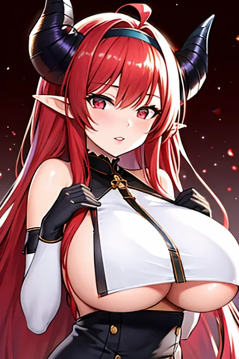 1girl, pointy ears, horns, solo, red hair, long hair, red eyes, bare shoulders, looking at viewer, huge breasts, gloves, elbow gloves, ahoge, hairband, black gloves, underboob, upper body, demon girl, hair intakes, very long hair, frills, slit pupils, part...