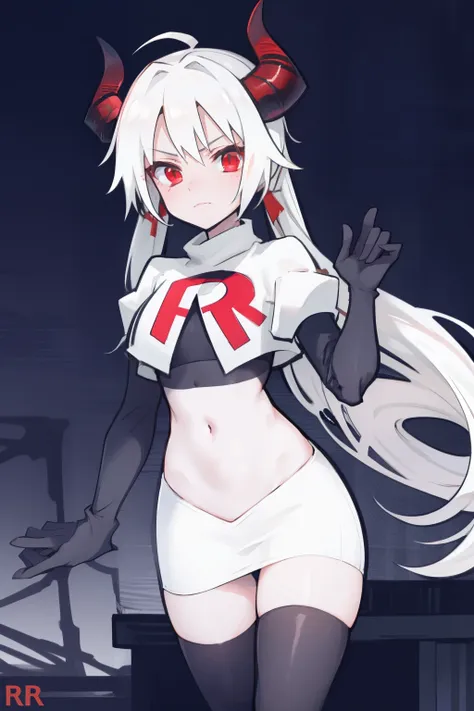 masterpiece, best quality, red eyes, white hair, twintails,ahoge,black hair ribbons,demon horns, demon tail,team rocket,team roc...