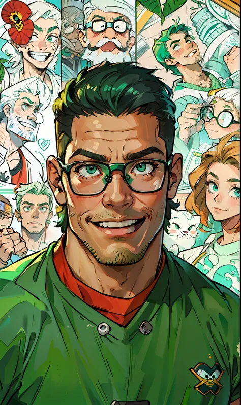 homem, com oculos, camiseta verde,  estilo cartoon,  sorrindo.