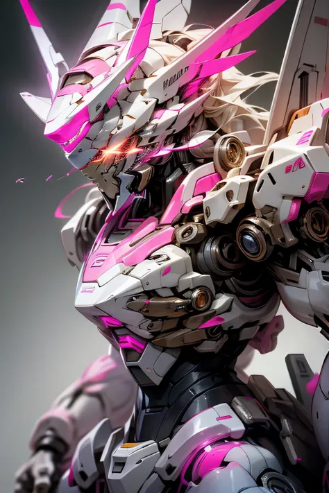 (white mecha), pink trim, glowing white eyes with after-effect, mechanical whip, 4k