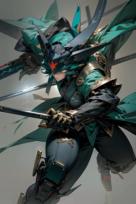 black mecha, with teal and gold trim, wielding dual katanas, chbibi style, 4k