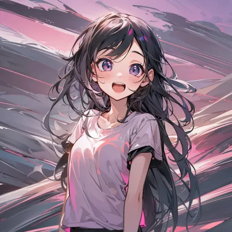 ( highres, ultra detailed, realistic, )(解剖学正确）, 1  girl,long black hair, wind blow，pink white stripe T-shirt, black eyes，looking at the sky, sunset sky background, ultra - detailed, best quality, Detailed diagram, vectorized, 8K, Graphic design, vector lin...