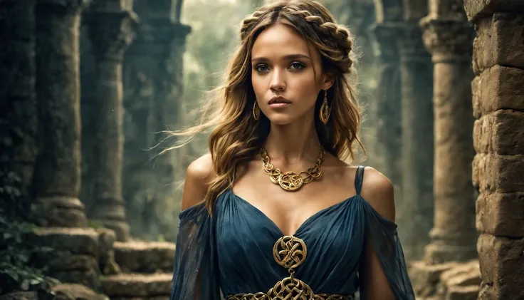 Mulher guerreira celta, (Jessica Alba), (22 anos), Stone ruins, alta e esguia, vestido longo Azul Marinho com dourado, flowy with celtic knot jewelry, procriar, watercolor technique, Poster design, 300 DPI, soft lighting, ethereal art, misteriosa, serene e...