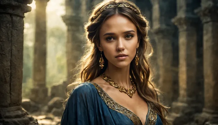 Mulher guerreira celta, (Jessica Alba), (22 anos), Stone ruins, alta e esguia, vestido longo Azul Marinho com dourado, flowy with celtic knot jewelry, procriar, watercolor technique, Poster design, 300 DPI, soft lighting, ethereal art, misteriosa, serene e...