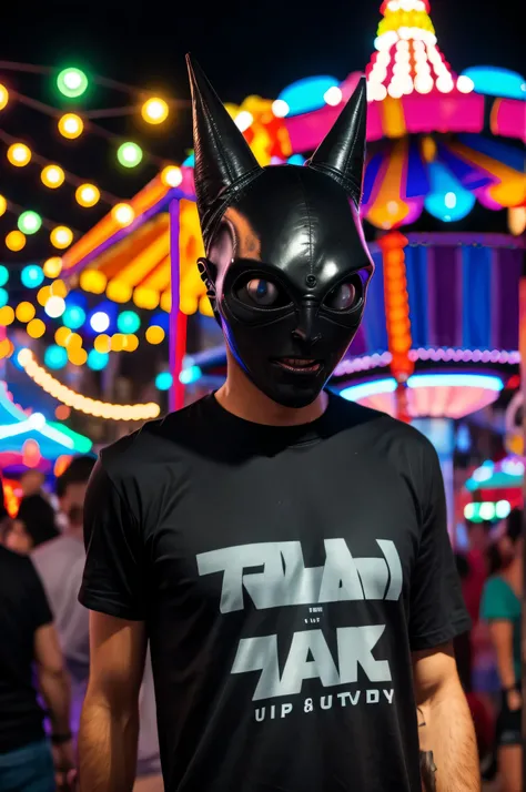 A person dressed as an alien head in a carnival setting and wearing a black T-shirt. Hyperrealistic image.