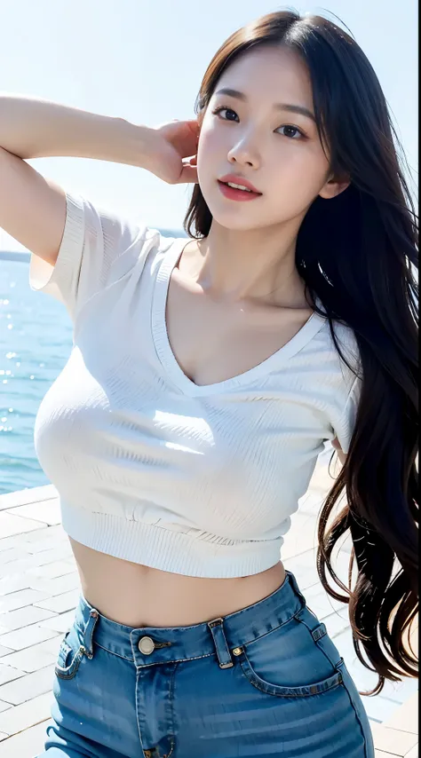 realistic, High resolution, 1 female, glowing skin, alone, wide lips,long hair,wavy hair, closed mouth, hip up, Fashion Model,cute makeup，Idol,skin as white as porcelain,skin as white as snow,wearing clothes,looking up at the sky,blue sky