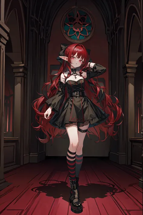 full shot (full body), elf girl, gothic clothes,gothic style,shoes, looking at viewer , big , sexy pose , red hair, arabian back...