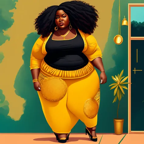 Illustration of A fat and thick black woman with african hair wearing golden casual clothes walking on The street holding a hand mirror, thick body, ultra quality, 8K, olhar sensual, sensualidade, filha de uma deusa africana, illustration style